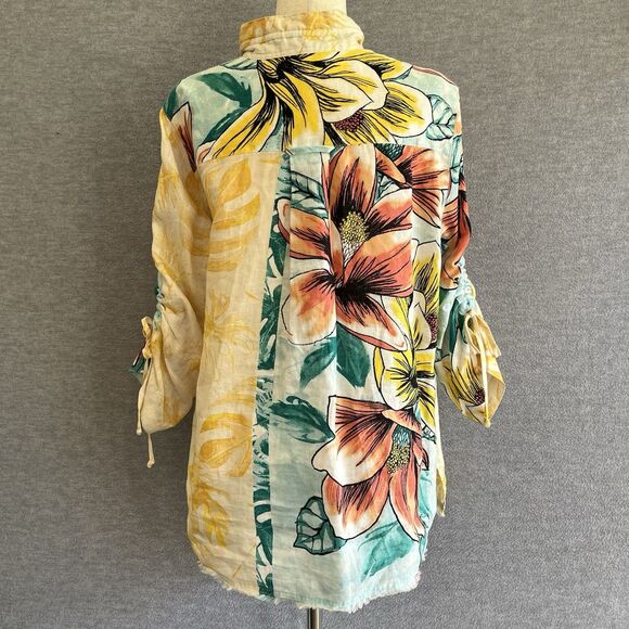 John Mark Linen Tropical Floral Top Size L Lagenlook Aloha Wired Collar Resort - Picture 4 of 15